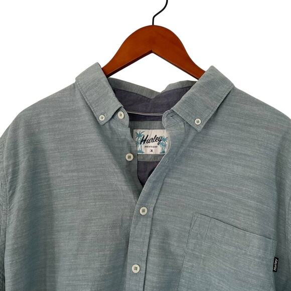 Hurley Essential Slub Cotton Short Sleeve Woven Button Down Shirt Blue/Green XXL - Picture 3 of 13